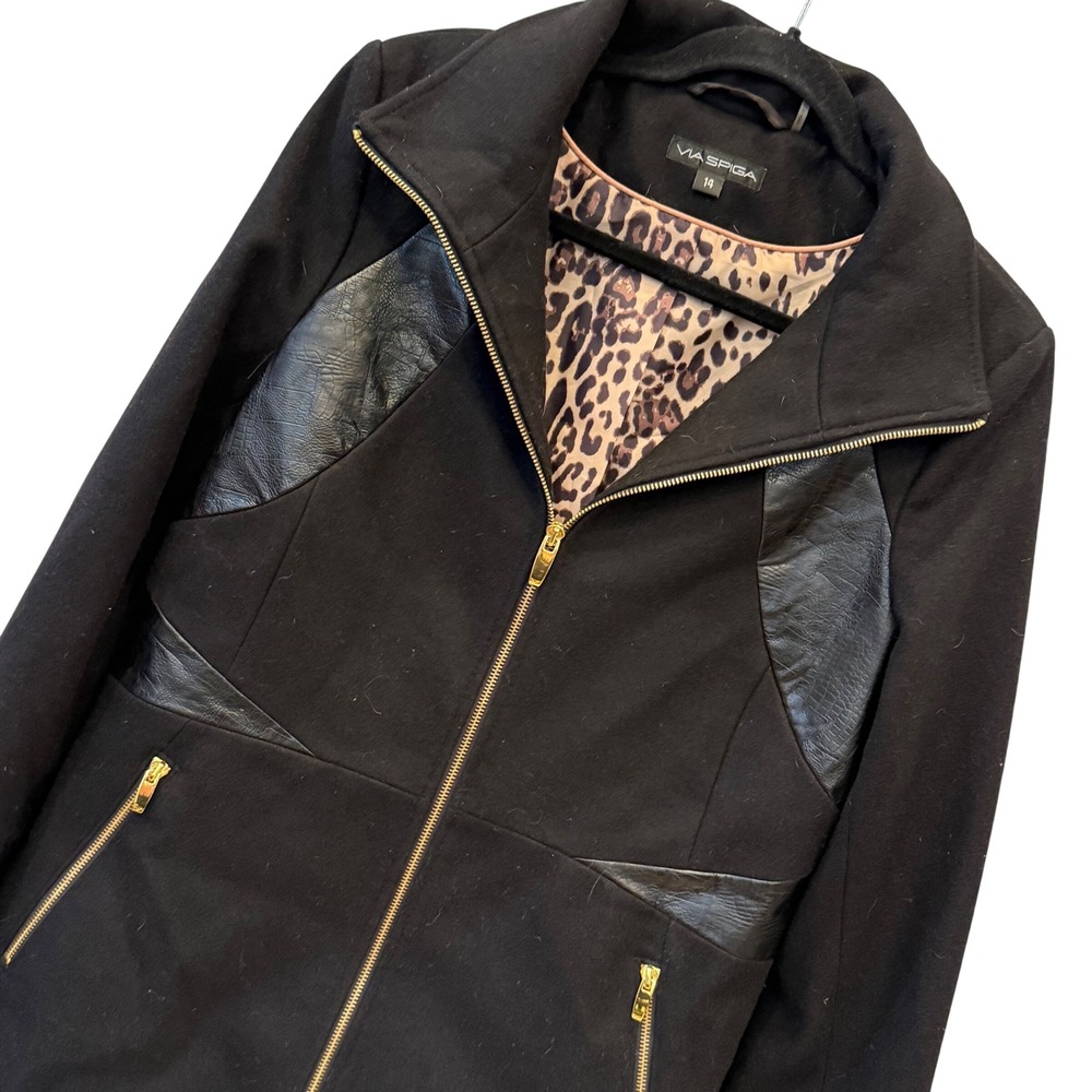 VIA SPIGA Womens Black Coat Faux Leather Accents Leopard Print Lining Size 14